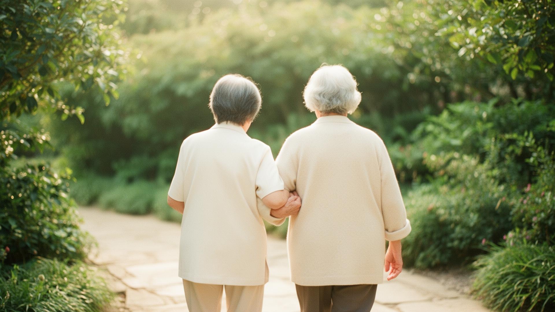 A caregiver walking arm-in-arm with a senior through a garden path